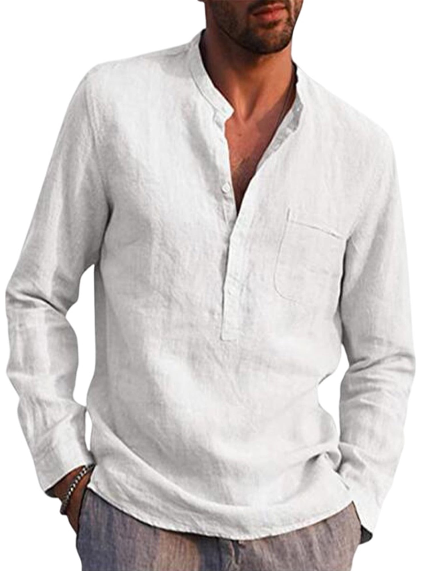 Generic Mens Linen Cotton Button Down Tees Summer Shirts Long Sleeve Beach Shirts