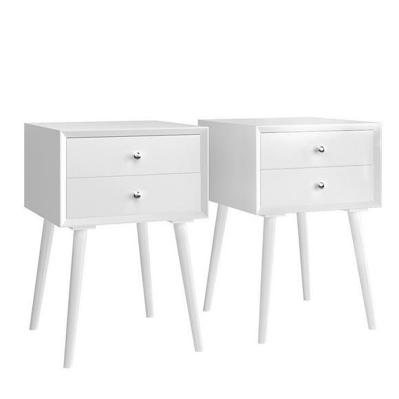 Gymax 2PCS Wooden Nightstand Mid-Century End Side Table W/2 Storage Drawers White