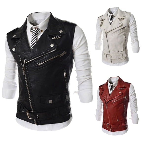 Ceisia Men's Solid Lapel Faux Leather Sleeveless Biker Vest Zipper Decor Slim Fit Streetwear Outerwear For Party Gift
