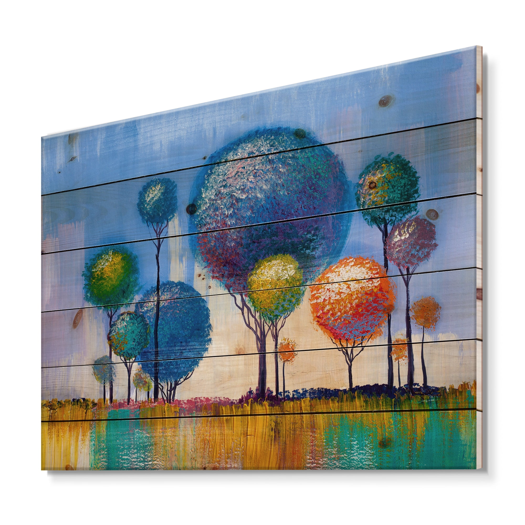 Designart 'Colourful Landscape Trees Impressionist I' Modern Print on Natural Pine Wood
