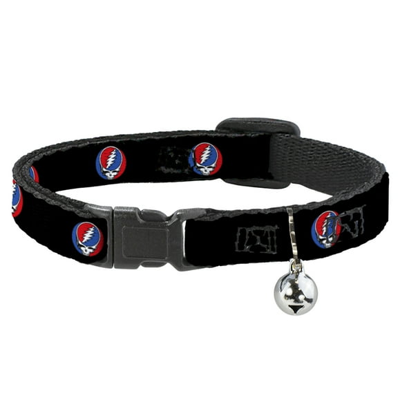 Grateful Dead Breakaway Cat Collar With Bell, Plastic Clip, Easy Adjustable, Steal Your Face Repeat Black Color, 8.5 to 12 Inches 0.5 Inch Wide