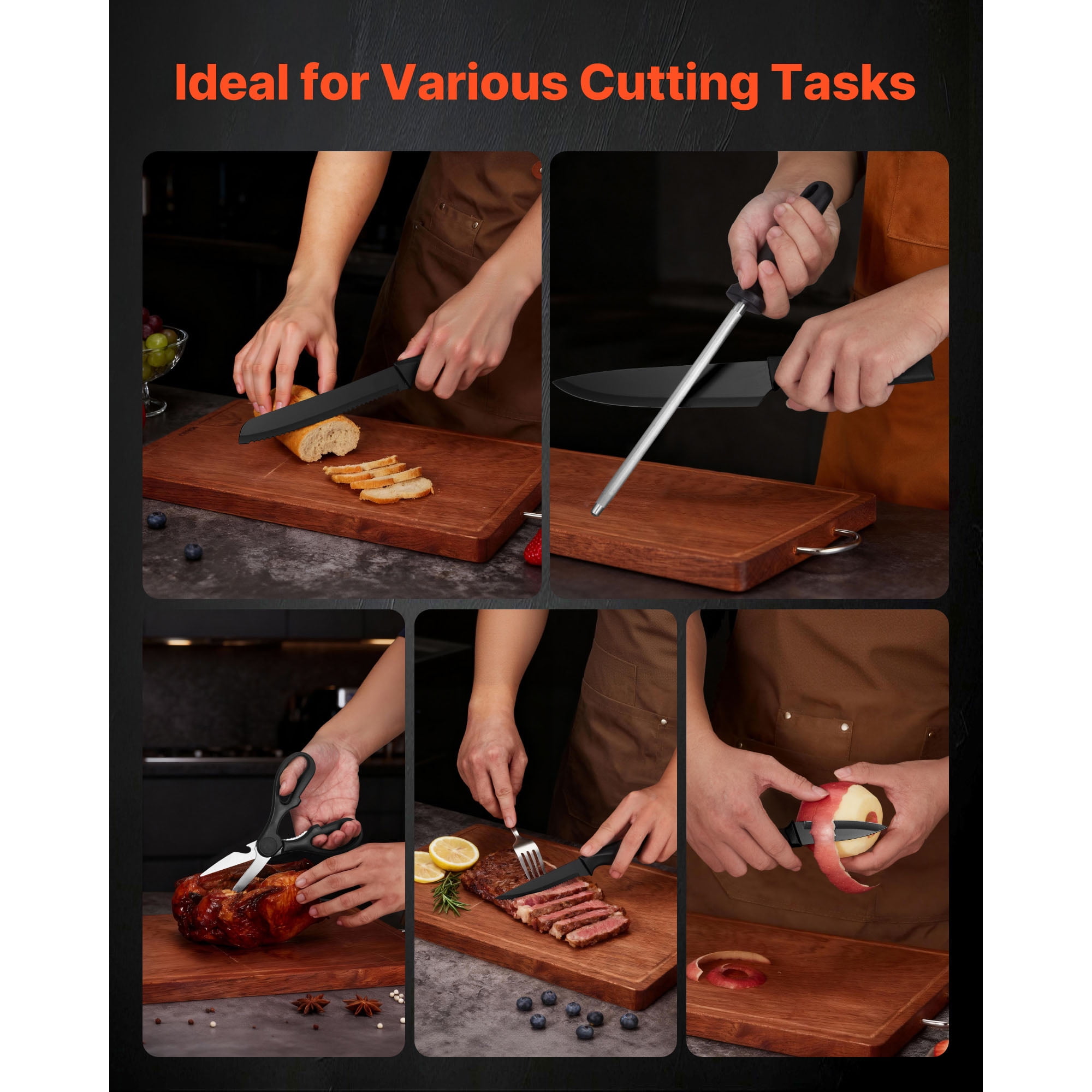 KFFKFF 15-Piece Kitchen Knife Set with Wooden Block and Sharpener, High Carbon Stainless Steel Blades, Ergonomic Handles, Sharpening Rod, Ideal for Home Cooking