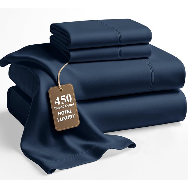 100% Cotton Full/Double Size Sheet Set – 450 Thread Count Soft & Breathable Sateen Bed Sheets with Deep Pockets – 4-Piece Bedding Set – Estate Blue