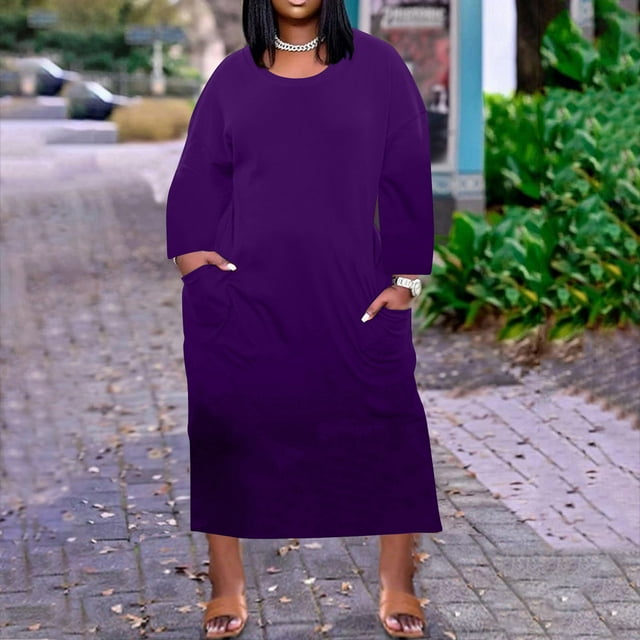 Robes d'Été Grande Taille pour Femmes 2024 Robe pour Col Rond Robes Décontractées avec Poches Manches Longues Jusqu'à 65 % de Réduction!