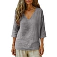 thumbnail image 4 of Women's Cotton Linen Blend T-Shirts 3/4 Sleeve V Neck Loose Fit Casual Tops Summer Pullover Shirts Daily Wear Gray S, 4 of 7