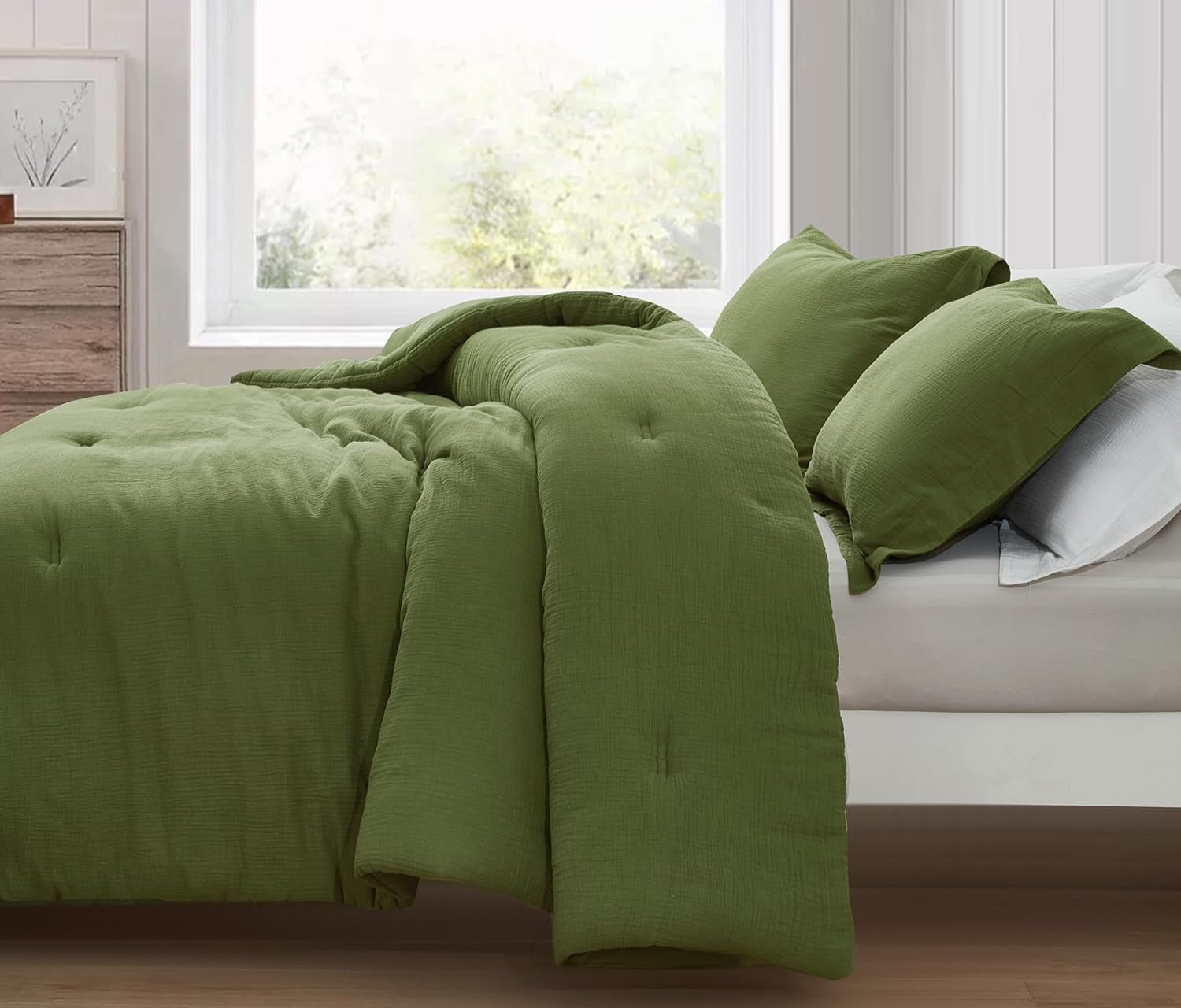 Chezmoi Collection Breeze 3-Piece 100% Cotton Muslin Queen Comforter Set, Olive Green Soft Washed Cotton Gauze Comforter, Lightweight Breathable Bedding for All Season