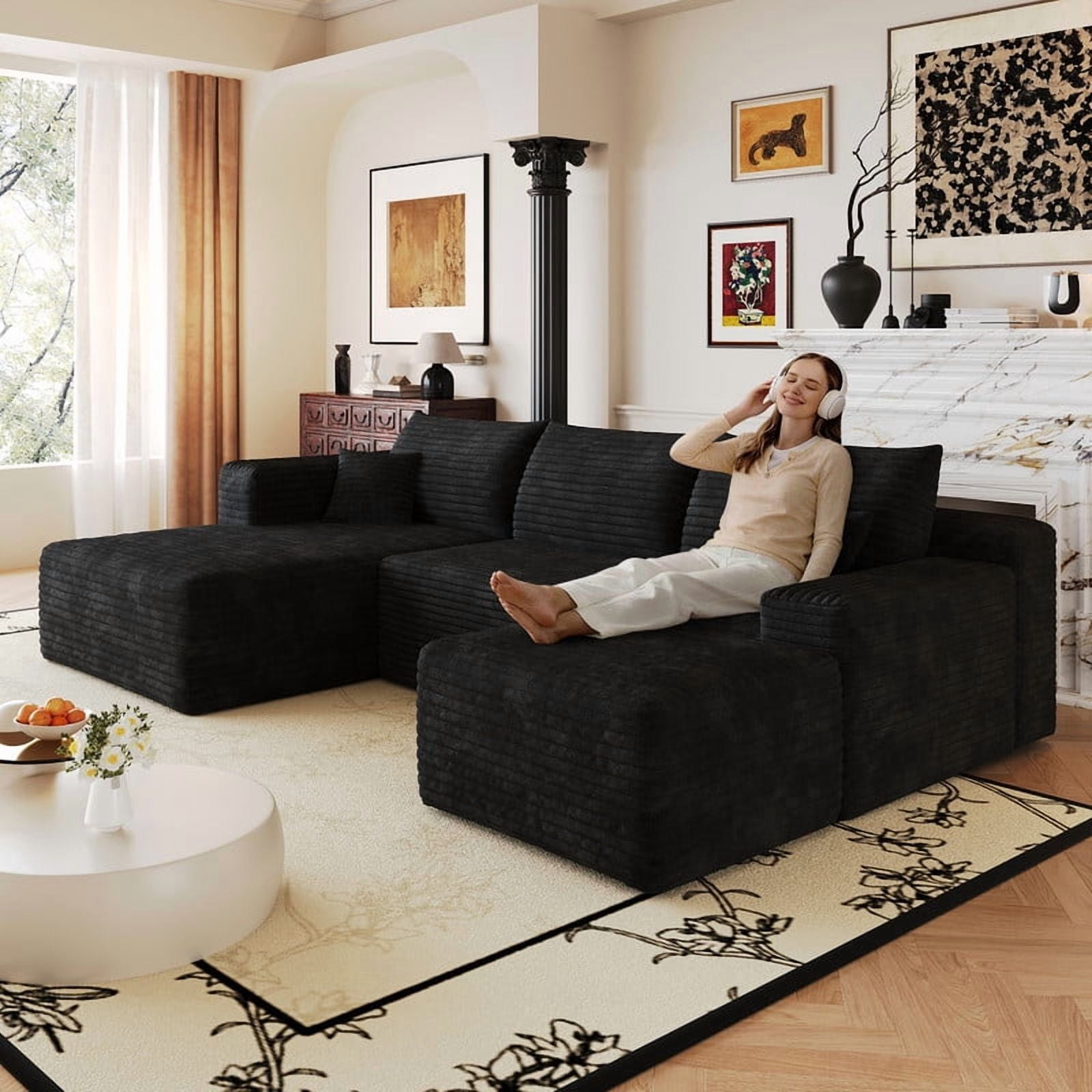 103" Cloud Sectional Sofa with Ottoman, Modern U-Shaped Modular Couch with Reversible Chaise Lounge, Plush Corduroy Upholstered Deep Seat Sofa for Living Room, Apartment, No Assembly Required