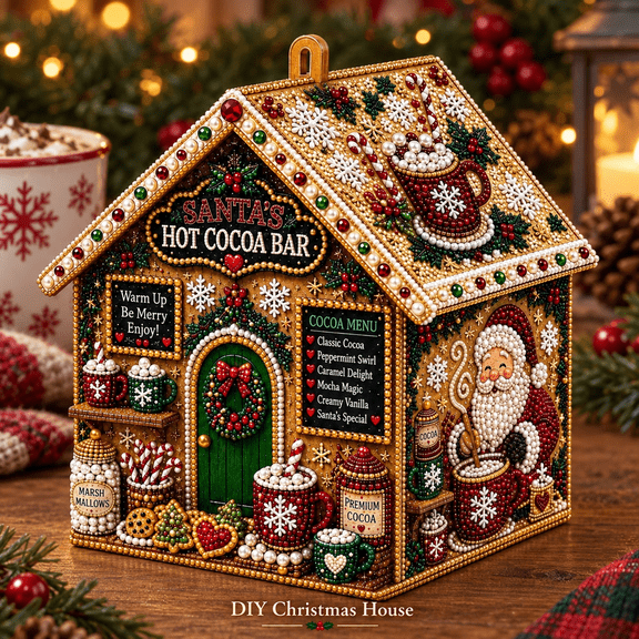 Wodellrrea 3D Christmas House Diamond paintings Kit, Pearl Bead Art Craft Kit, DIY Holiday Ornament featuring Santa's Hot Cocoa Bar, Rhinestone Tabletop Decoration for Adults, Shelf and Home Decor
