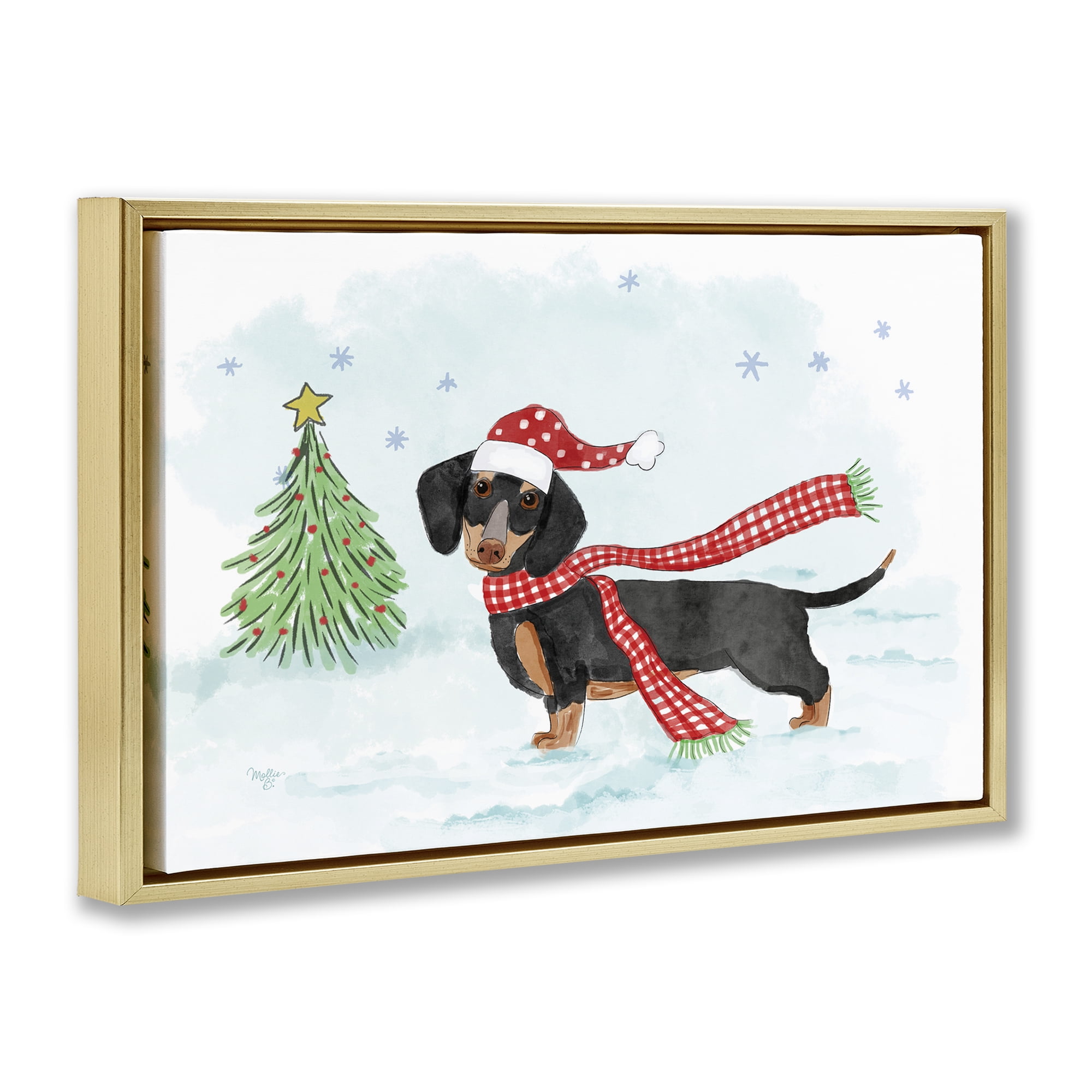 Stupell Industries Dachshund with Scarf Holiday Painting Gold Floater Framed Canvas Art Prints Wall Art, 25 x 17