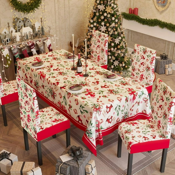 Juego de 3 fundas para sillas con mantel navideño, funda para silla con gorro de Papá Noel, decoración navideña, funda para gorro de Papá Noel, funda para respaldo de silla navideña