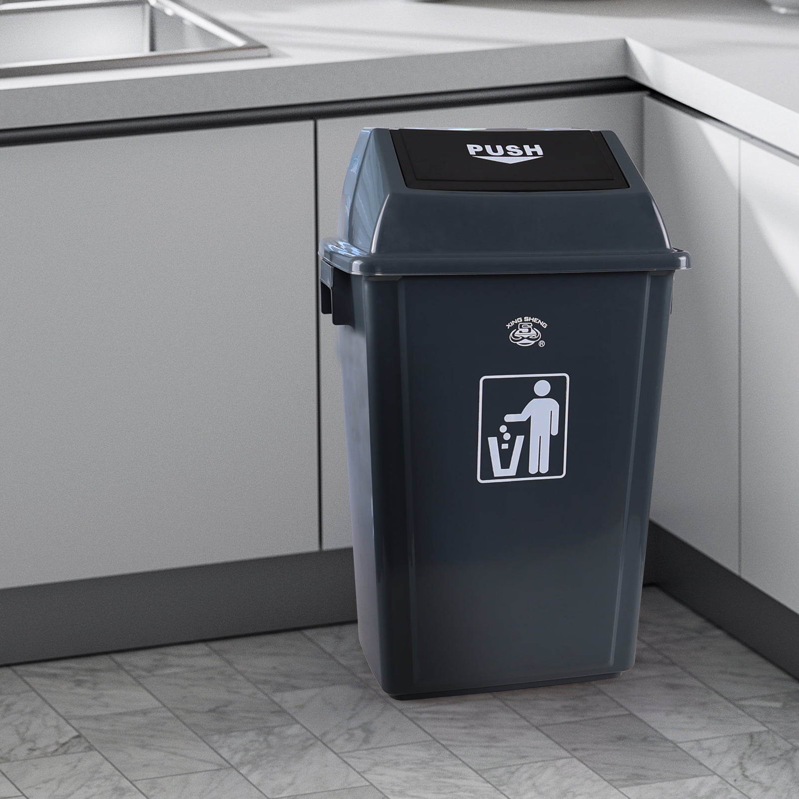 Dehouse 15 Gallon Large Plastic Kitchen Trash Can with Swing Lid, 4 Pack Tall Kitchen Garbage Bin with Swing Top, Gray