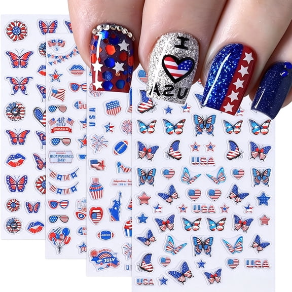 RAGUPEL 4Th of July Nail Stickers Independence Day Nail Decals 4Pcs 5D Self-Adhesive Patriotic Nail Art Sticker Red White Blue Design Fireworks Star Spangled Nail Art Supply for Diy Nail Decoration