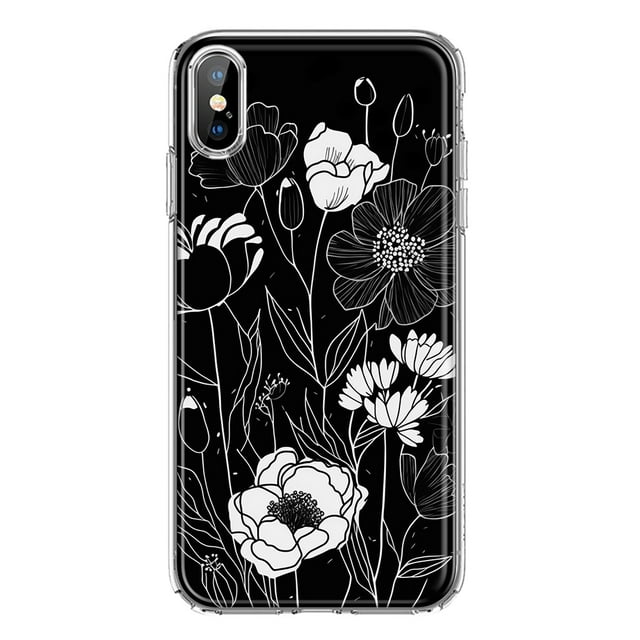 MUNDAZE Apple iPhone XS Max Line Drawing Art White Floral Flowers Shockproof Clear Hybrid Protective Phone Case Cover