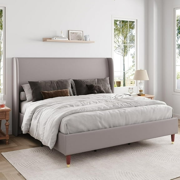 PLAUIN King Bed Frame with 51.2" Wingback Headboard,Linen Upholstered,No Box Spring Needed,Light gray