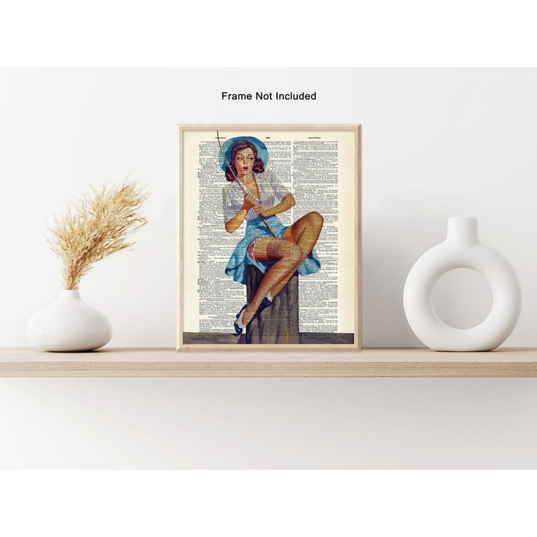 Poster Master Dictionary Art Poster - Retro Pin-Up Girl Print - Fishing Art  - Woman in Blue Skirt Art - Gift for Her, Women - Perfect Decor for