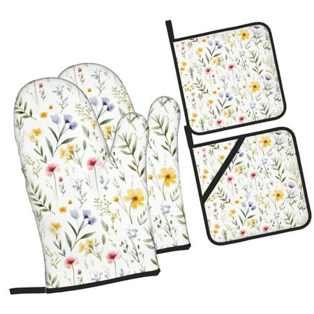 

Pofeuu Watercolor Floral A Print Oven Mitts and Pot Holders 4 pcs Set High Heat Resistant 500 Degree Extra Thicken Long Kitchen Cotton Oven Glove for Cooking