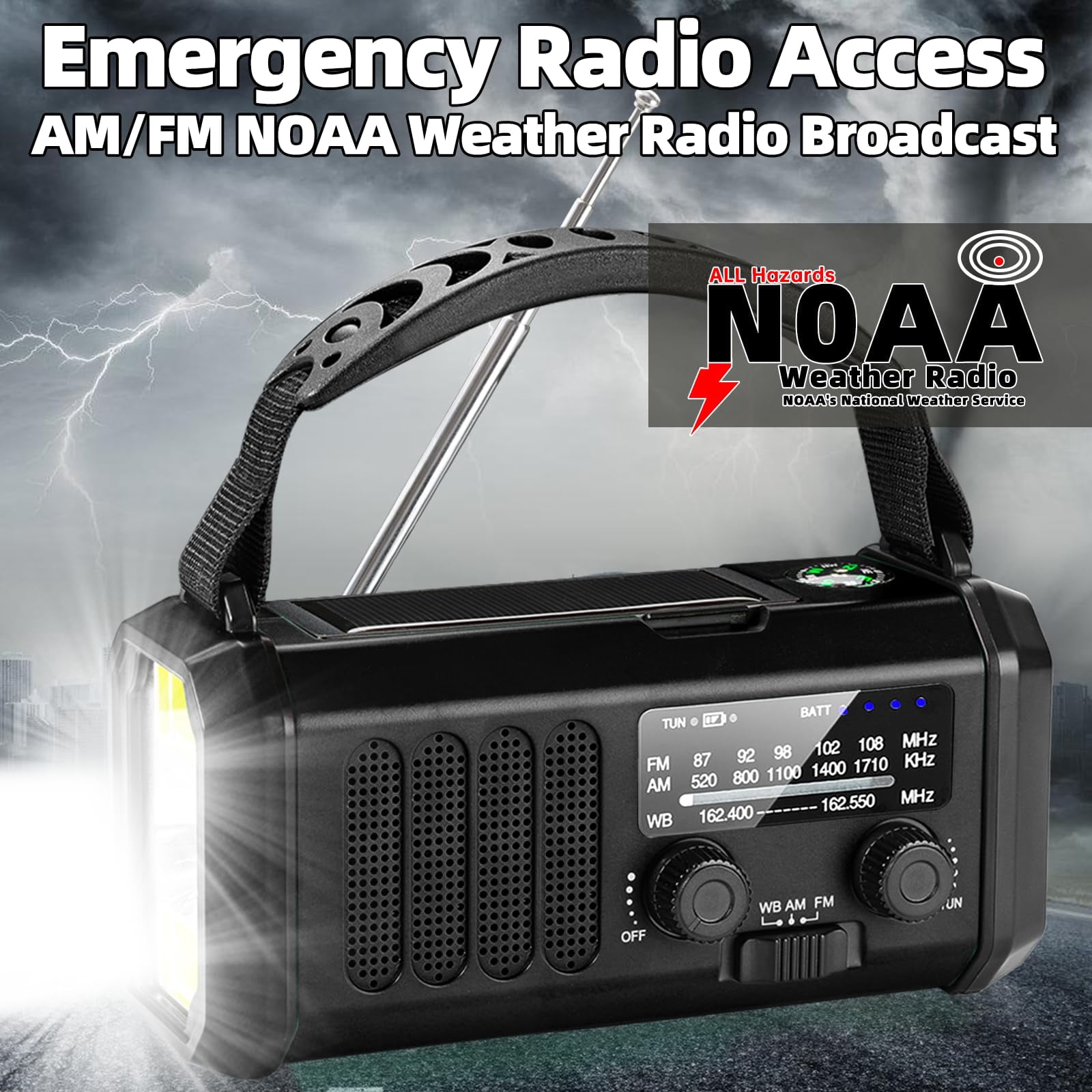 Hand Crank Emergency Radio 37000mwh Solar Portable Noaa Am Fm Weather With 3mode Flashlight And Reading Light Cell Phone Home Distress Signal (black)