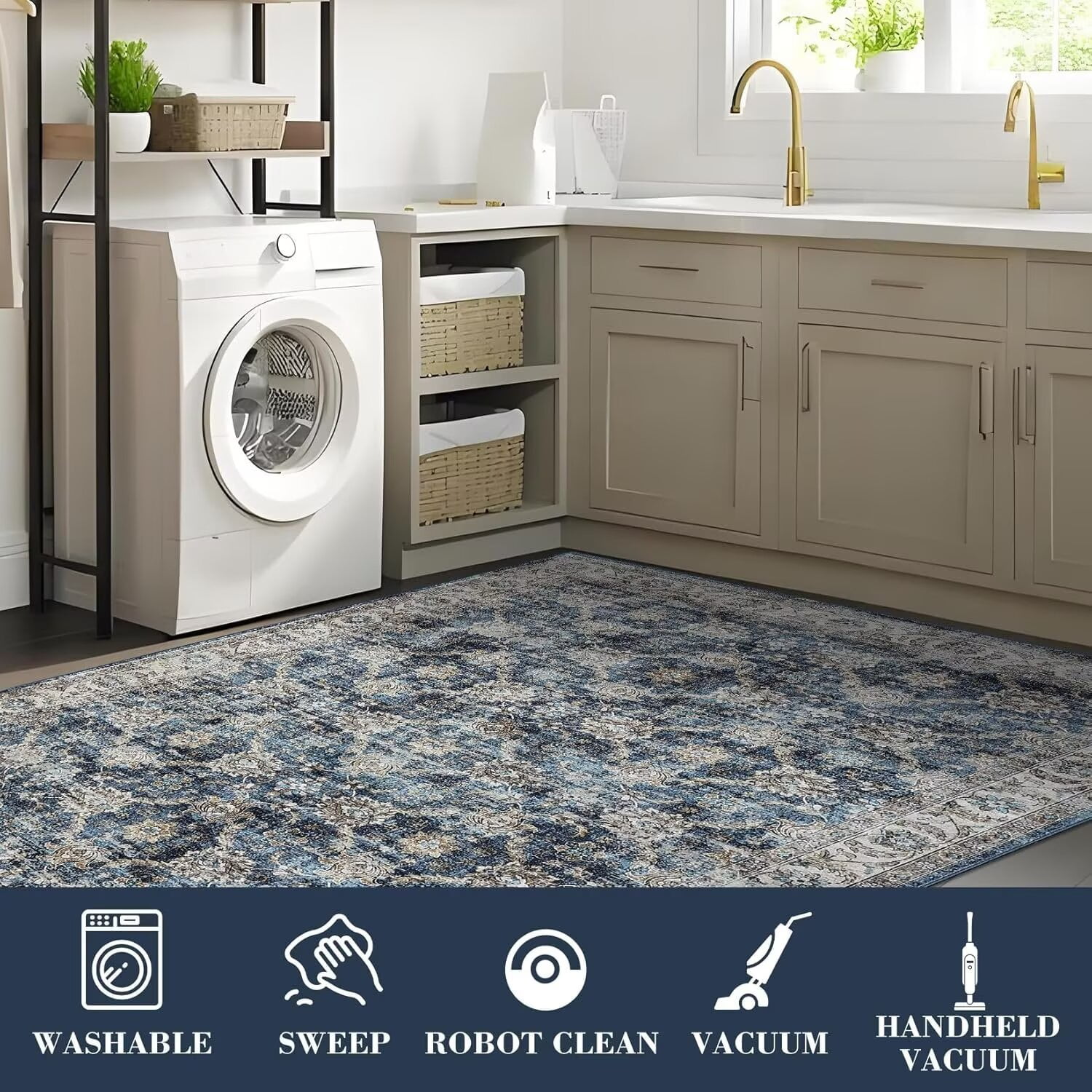 Hasoo 5' x 7' Area Rug for Living Room Boho Vintage Rug Non Slip Throw Rugs Floral Bedroom Rug, Blue