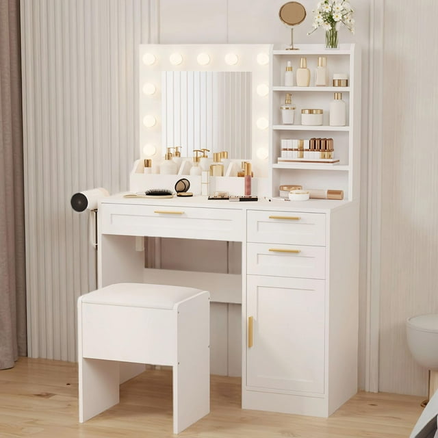 Ensemble de Coiffeuse Éclairée Yiwa, Table de Maquillage avec Miroir Réglable, Tiroirs, Chaise, 3 Modes d'Éclairage et Support pour Séchoir