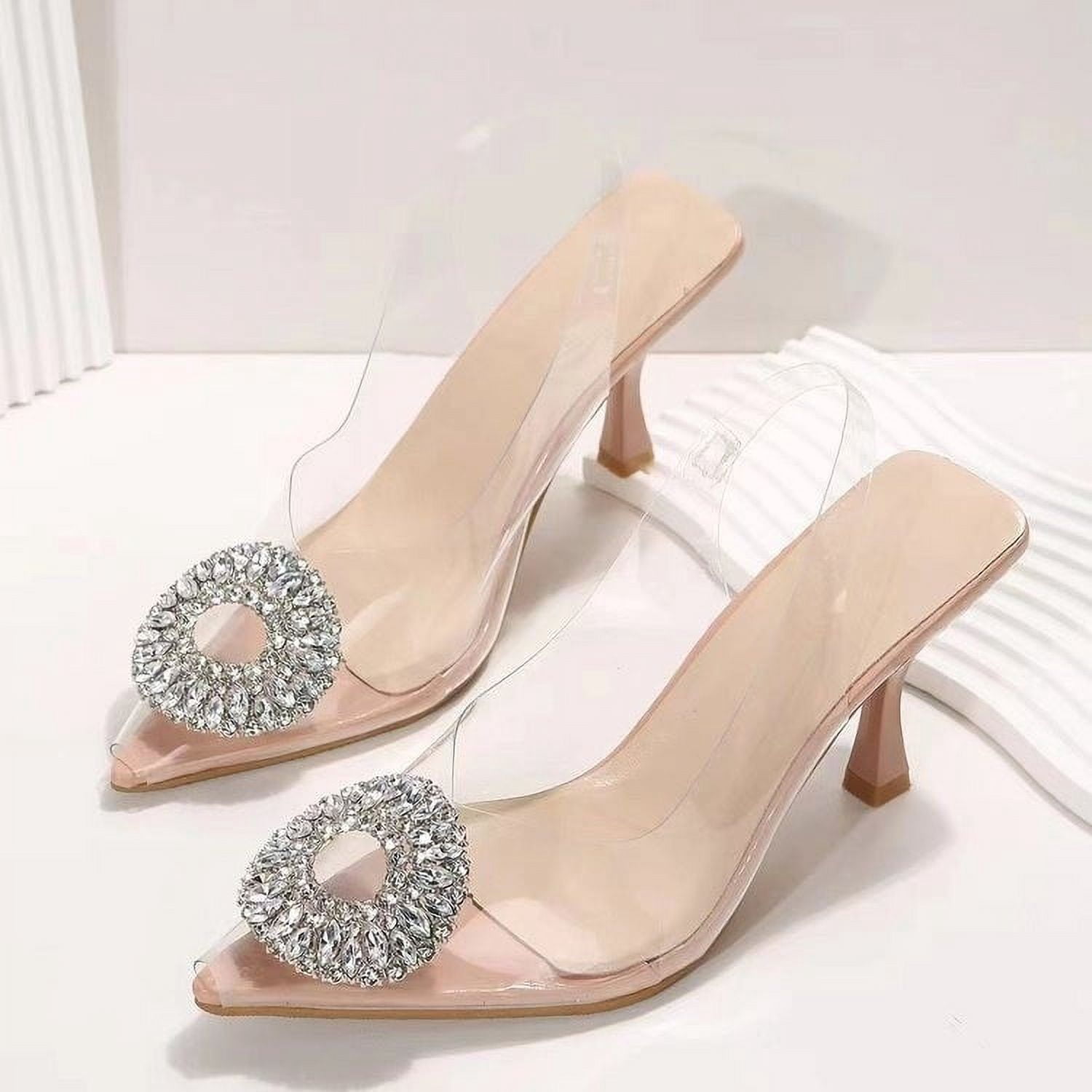 Gifts for Women YOHOME Women's High-Heeled Sandals Transparent Rhinester Pointed Fine Heel Fashion Shoes for Women White