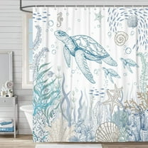 Beach Ocean Theme Shower Curtain, Nautical Coastal Tropical Fish Sea Turtle Fabric Shower Curtains Set for Kids Bathroom Decorative, Fun Turquoise Blue Restroom Accessories with Hooks 72X72 Inch
