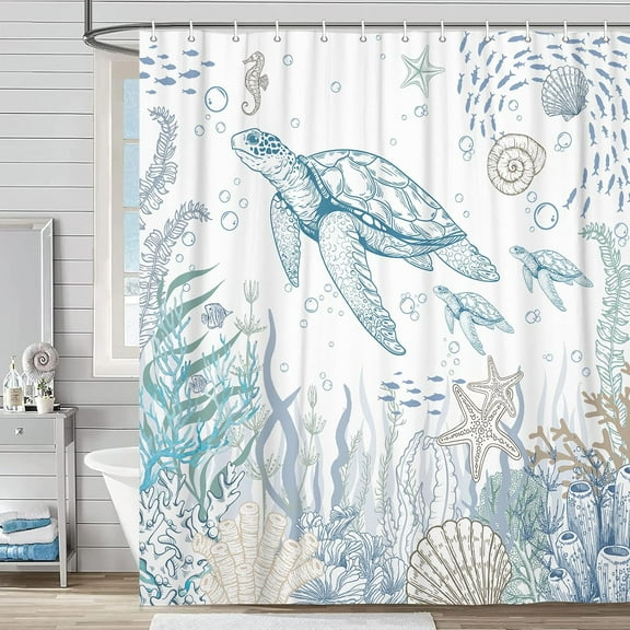 Beach Ocean Theme Shower Curtain, Nautical Coastal Tropical Fish Sea Turtle Fabric Shower Curtains Set for Kids Bathroom Decorative, Fun Turquoise Blue Restroom Accessories with Hooks 72X72 Inch
