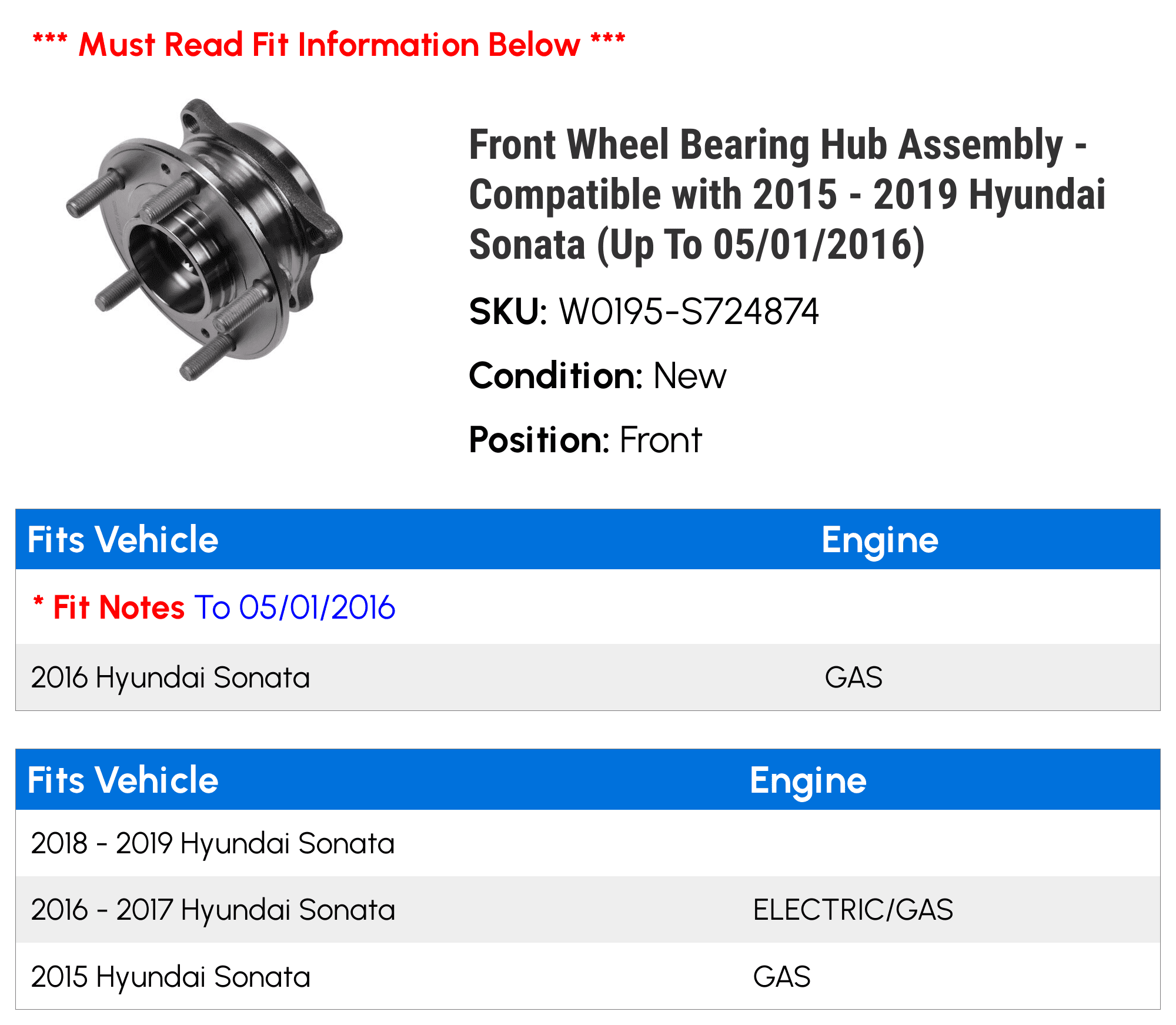 Front Wheel Hub Bearing Assembly For Hyundai Sonata 2017-2015 Kia 2016-2017 