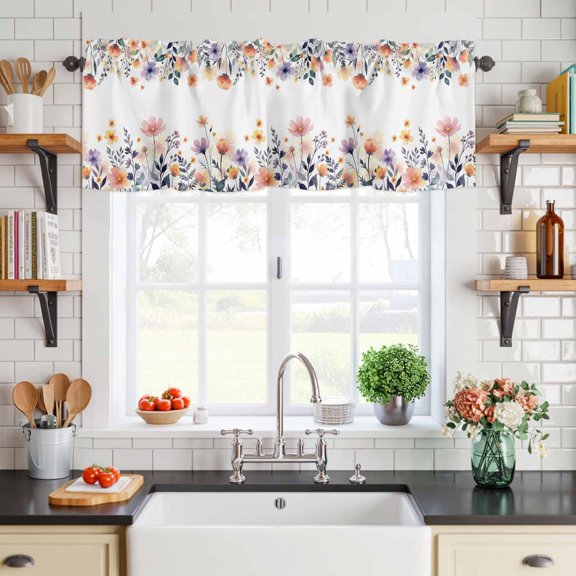 Curtain Valance for Windows Rustic Wildflower Green Leaves Short Rod Pocket Kitchen Valances Blackout Curtains Watercolor Floral Plant Window Treatment for Living Room Bathroom Bedroom,54"x18"