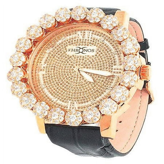 Men's Real Diamond Dail Rose Gold Copper Tone Flower Cluster Bezel Khronos Genuine Leather Wrist Watch Jo Rodeo