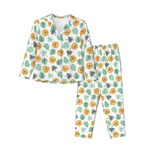 Balery Tiger Leaves Conjunto de Pijama con Estampado para Mujer, Conjunto de Dos Piezas con Manga Larga, Ropa de Dormir Suave con Bolsillos, Pijamas Cómodos-X-Large