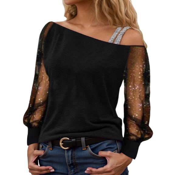 FUYUDY Women Shirts Elegant Off Shoulder Net Overlay Lightweight Tops For With Neckline Long Sleeve Fashion Blouse Relaxed Fit Female Solid Color Dailywear