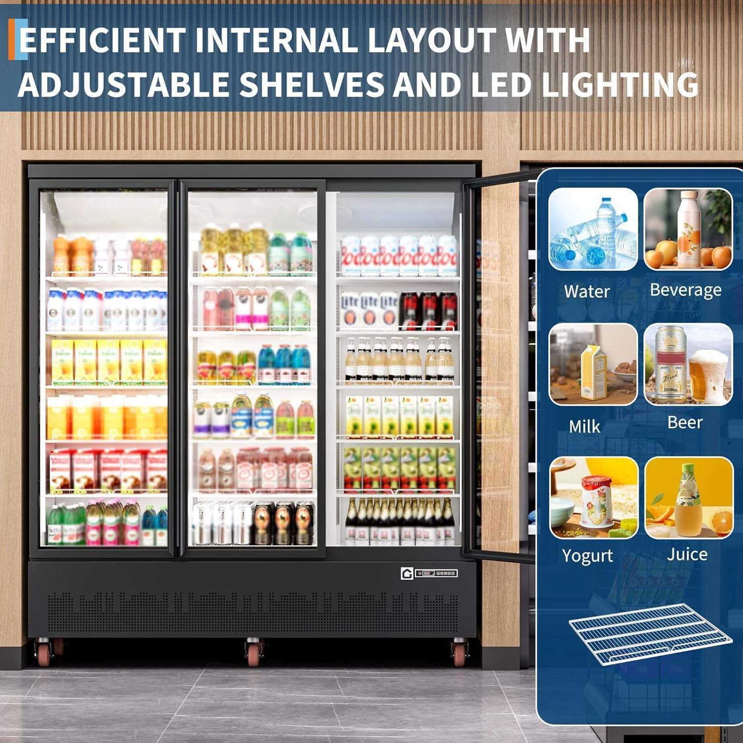 IdealHouse 56.6 Cu.Ft. Commercial Beverage Refrigerator - 3 Glass Door Merchandiser Cooler with LED Lighting, Adjustable Shelves | Upright Drink Display Fridge for Restaurants, Stores, Supermarkets