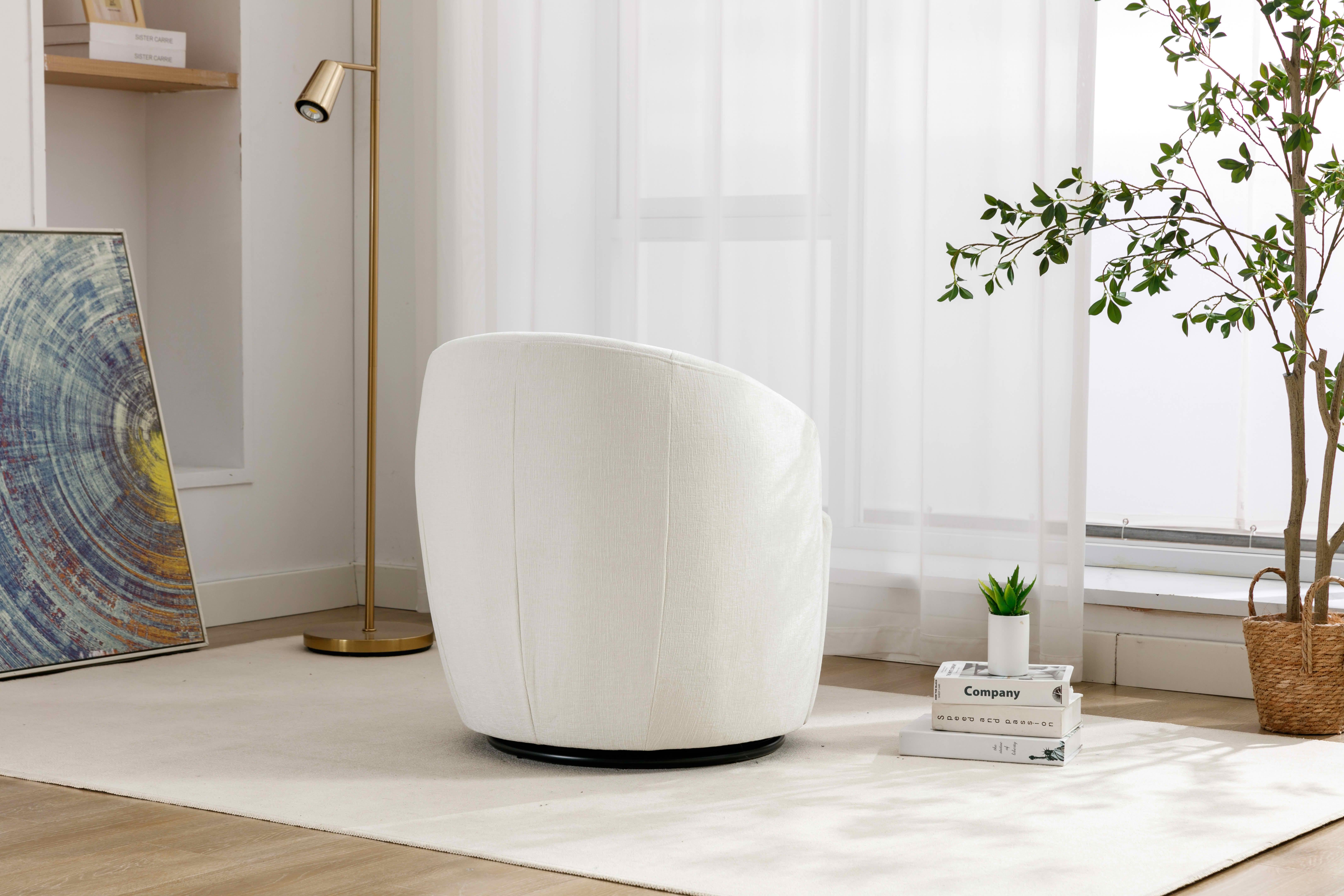 MAYEERTY Chenille Fabric Swivel Accent Armchair Barrel Chair, with Black Powder Coating Metal Ring, Ivory