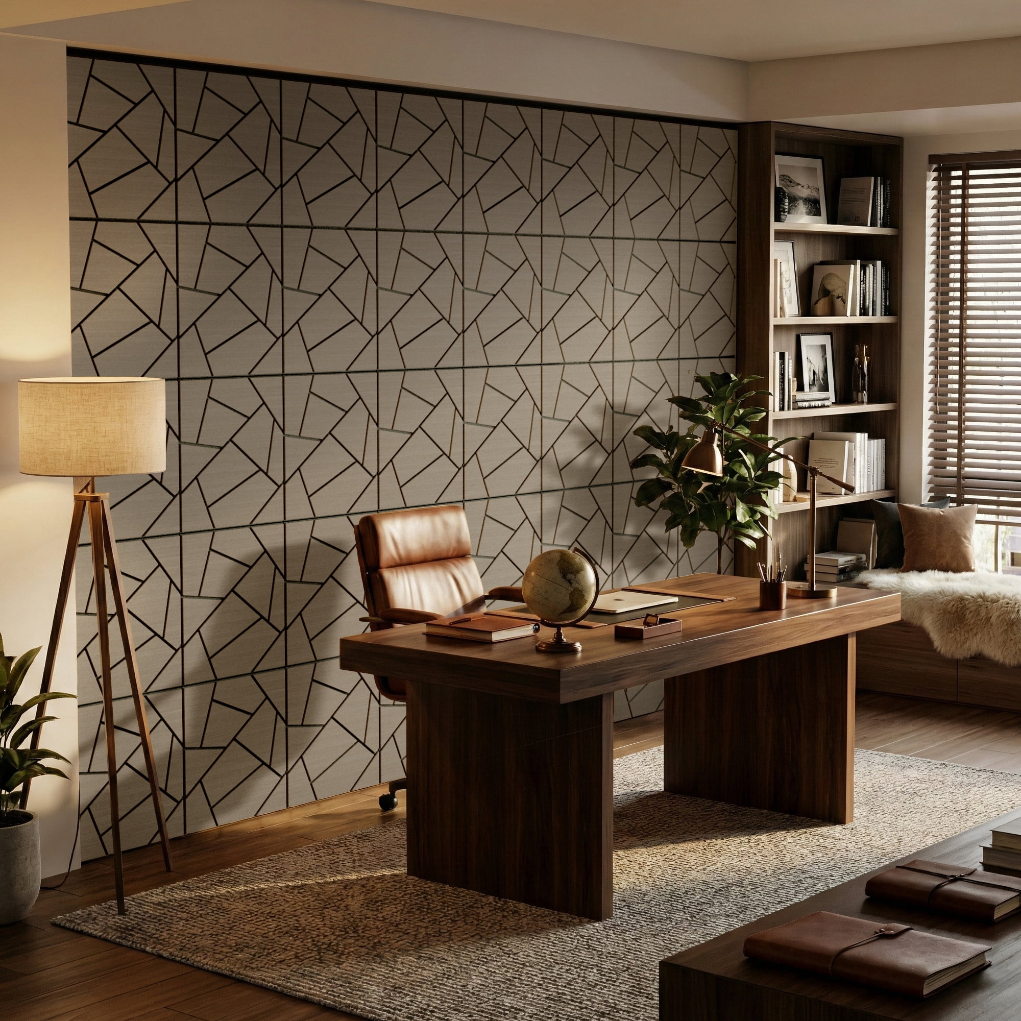 Fahomiss Abstract Geometric Acoustic Wood Slat Wall Tiles 4-Pack 24"x24", 3D Panel, Walnut