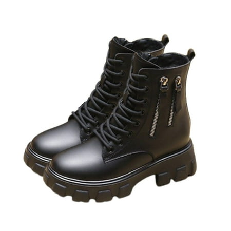 Sexlip Womens Combat Boots Fashion Plush Lace Up Casual Outdoor Active Boots Solid Color Hidden Wedge Heel Round Toe Shoes Black 36