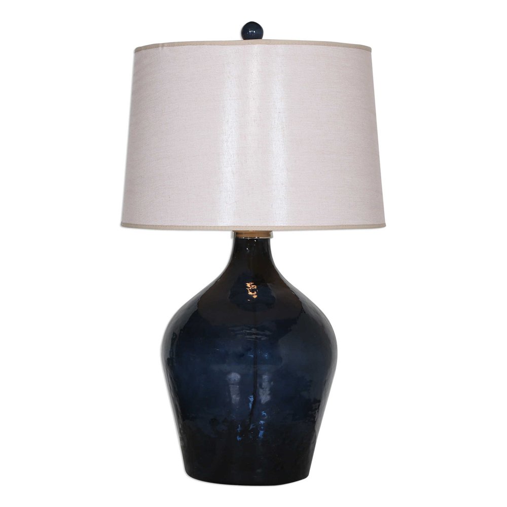 Midnight Blue Glass Table Lamp with Round Beige Shade 31”