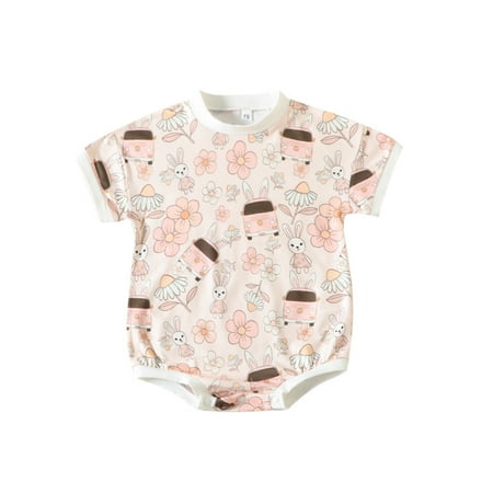 

Mackneog Newborn Infant Baby Girls Boys Print Spring Summer Easter Bunny Short Sleeve Romper Bodysuit Clothes 80 Pink Gift on Clearance