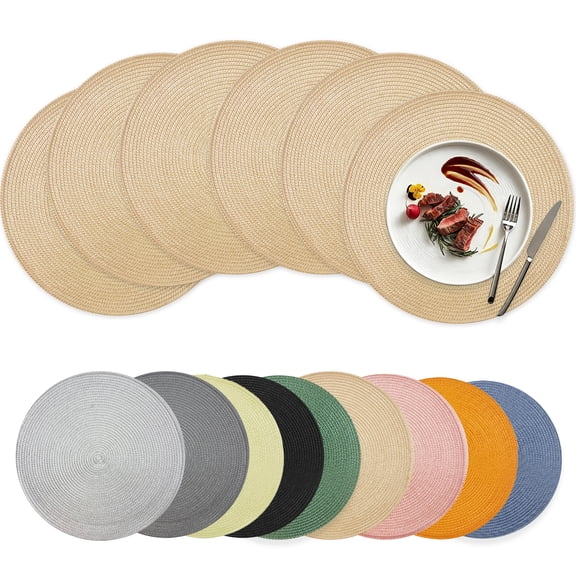Xmushyra Round Placemats Set of 6, 15 inch Braided Table Mats, Heat Resistant Washable Place Mats for Dining Table, Kitchen and Outdoor Dining, Beige