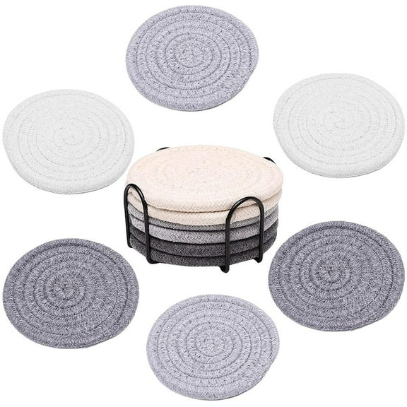 WE-POLUJ 6 Pieces Absorbent Drink Coasters Set with Metal Coaster Holder, Eco Friendly Coaster Handmade Braided Fabric Coasters