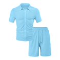 thumbnail image 4 of FINALGANG Men Versatile Outfits Solid Color Short Sleeve Turndown Collar Buttons Down Jacquard Shirt Drawstring Shorts Casual Set Relaxed Fit Breathable Daily Wear, 4 of 6
