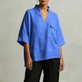 thumbnail image 4 of Dolkfu Elbow-Length Going Out&nbsp;Tops V-Neck Blue Polyester Retro Vintage Pull-on Modern Refined Solid Blouses & Tops Blue,Xl, 4 of 5