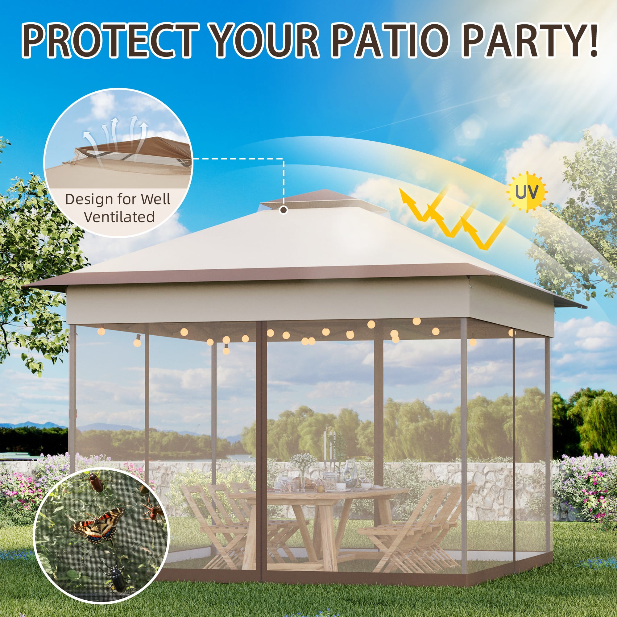 Bezseller 11x11 Pop up Gazebo, Outdoor Waterproof Canopy Tent with Mosquito Netting for Outdoors, Khaki