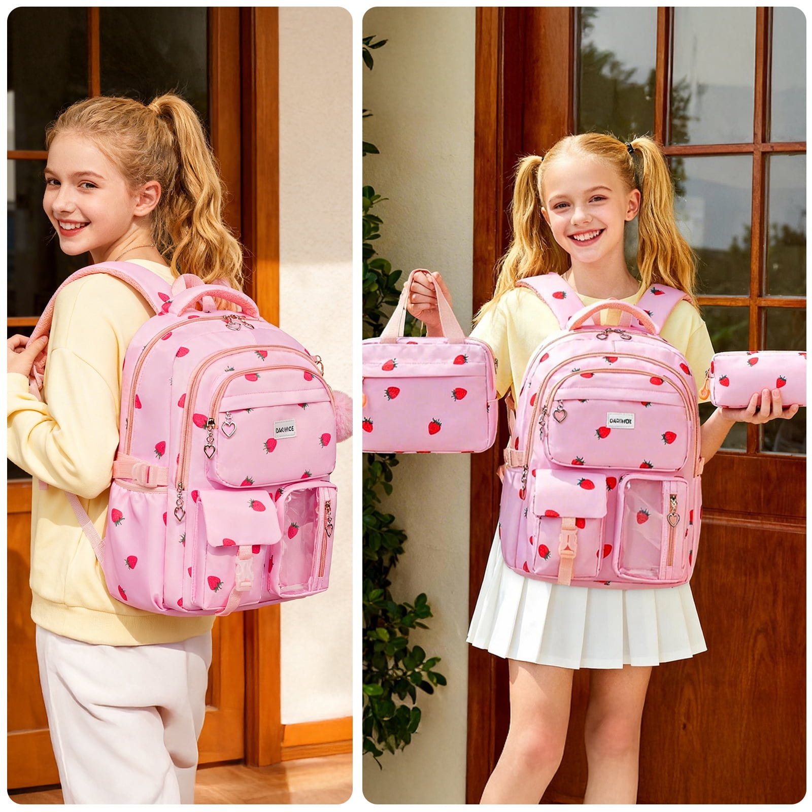 DAKIMOE Cute School Backpack Set Water Resistant Durable 3-in-1 School Bookbag for Travel & Daily Use