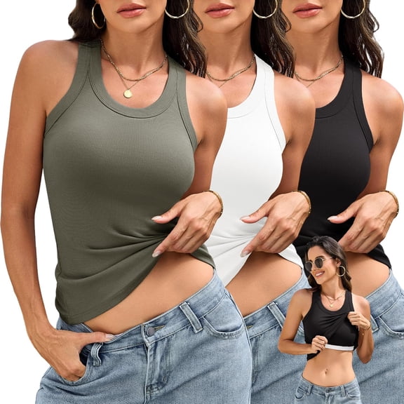 Wrongduck 3 Pack Women's Ribbed Tank Tops with Built In Bra, Racerback Sleeveless Fitted Casual Shirts for Workout Yoga Lounge and Everyday Wear