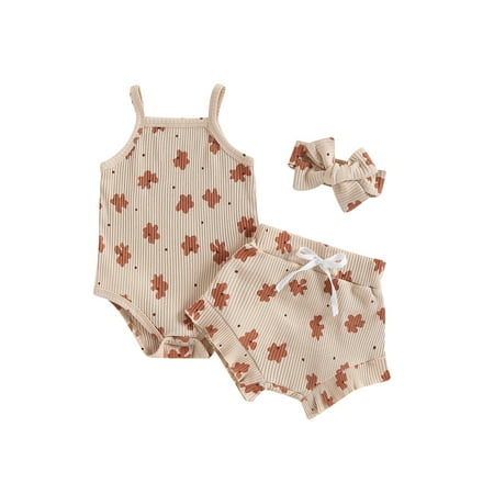 

Bagilaanoe 3pcs Newborn Baby Girl Short Pants Set Print Sleeveless Romper Tops + Shorts + Headband 3M 6M 12M 18M 24M Infant Casual Summer Outfits