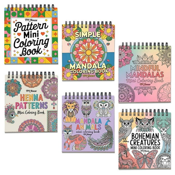 Pattern Mini Coloring Book Spiral Bound for Adult, Pack 6, 3.5” x 3.5” Pocket Size, 40 Coloring Pages Stress & Anxiety Relief, Travel for Women Men
