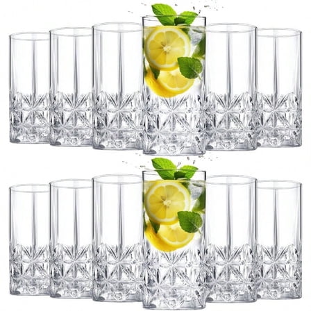 12pcs Set of High Ball Cups 12 Ounce Crystal Drinking Cups Transparent Floral Glass Cups Vintage Texture Designer Glassware Suitable for Cocktails, Tea, Beer, Soda Drinks, Dishwasher Safe