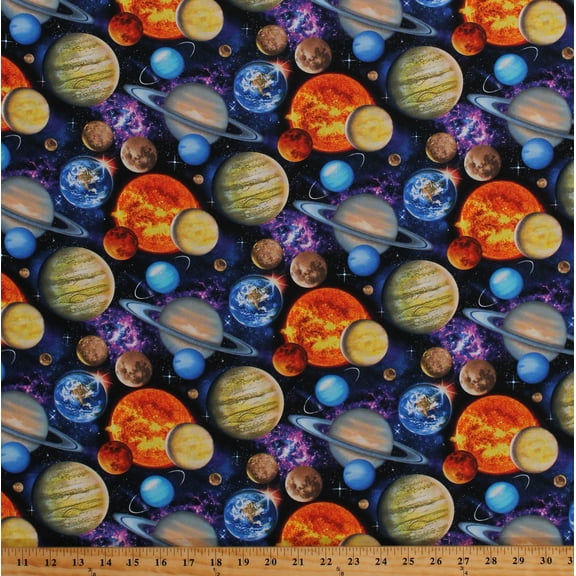 Cotton Planets Allover Outer Space Earth Saturn Jupiter Galaxy Astronomy Solar System Universe In Space Cotton Fabric Print by the Yard (1331BLACK)