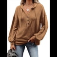 thumbnail image 2 of Sudadera con Capucha y Botones para Mujer, con Cuello en V, Larga y Cordón Ajustable. Camisetas Henley. Caqui XL, 2 of 8