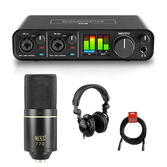 Interfaz de audio MOTU M2 USB con micrófono MXL 770 y audífonos